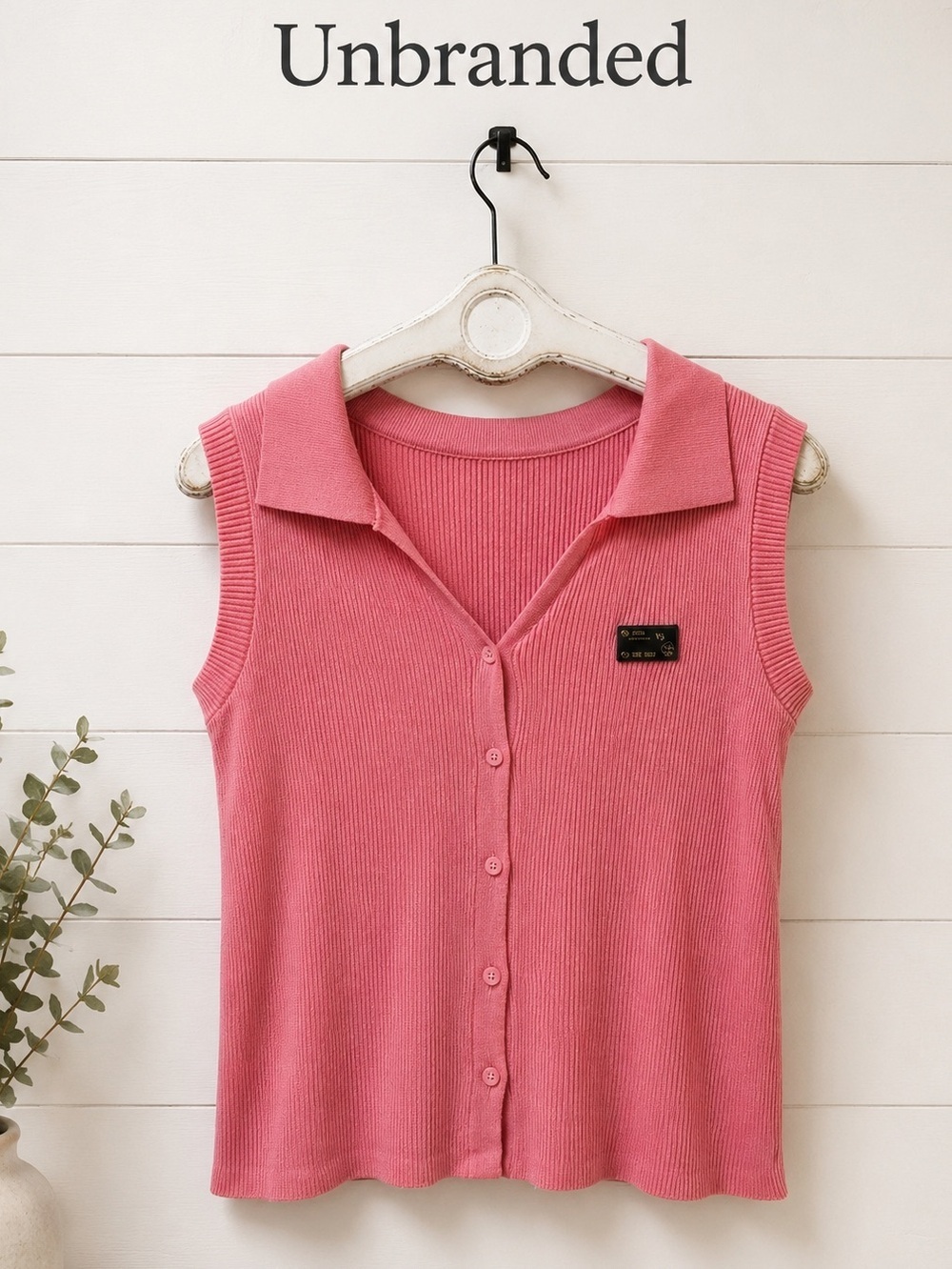 Pink Ribbed Sleeveless Button Front Top Size S